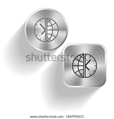Globe and clock. Vector set steel buttons