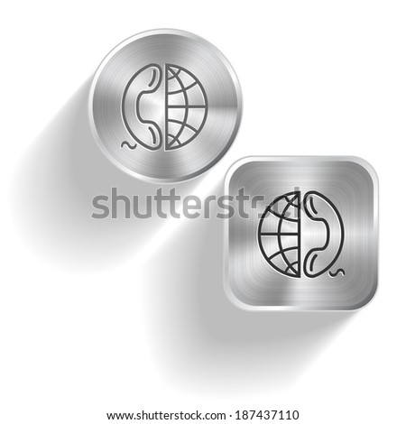 Globe and phone. Vector set steel buttons