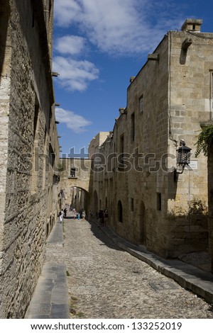 The famous cobblestone Street of the Knights, one of the best-preserved medieval streets in existence, at the old (medieval) town of Rhodes, Greece