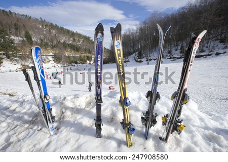ELATOCHORI, GREECE - DECEMBER 24, 2009: Cross skis in snow at the Elatochori Ski Center, in the northeast side of Pieria Mountains, Greece
