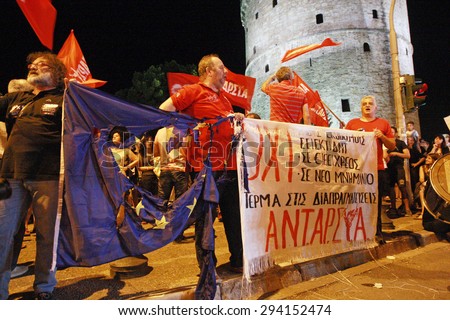 GREECE, Thessaloniki JULY 5, 2015: Supporters of the NO vote celebrate all night for the final NO result in the crucial greek referendum around the White Tower in Thessaloniki