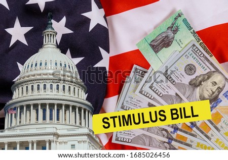Financial stimulation voronavirus Global pandemic Covid 19 lockdown financial relief checks from government US 100 dollar bills currency on American flag Photo stock © 
