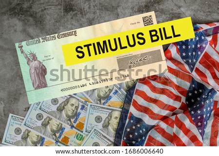 Financial stimulation voronavirus Global pandemic Covid 19 lockdown financial relief checks from government US 100 dollar bills currency on American flag Photo stock © 