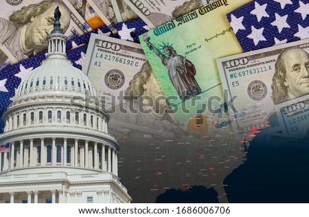 U.S. Capitol in Washington D.C. with Global pandemic Coronavirus Covid 19 lockdown, financial a stimulus bill individual checks from government US dollar bills currency on American flag Photo stock © 