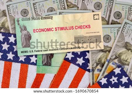 Financial Federal STIMULUS Coronavirus Global pandemic Covid 19 lockdown financial relief checks from government US 100 dollar bills currency on American flag Photo stock © 
