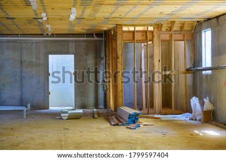 New residential construction home framing with basement unfinished view ストックフォト © 