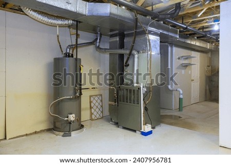 Image, Stock Photo Water heater or boiler repair, with electrical wires and pipes in the bathroom. close-up.