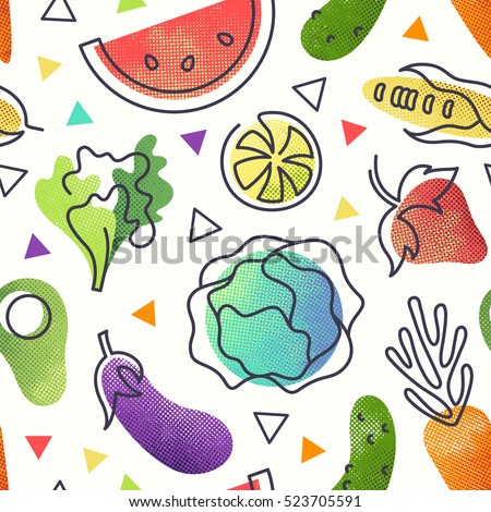 Seamless fruit and vegetables vegetarian food pattern, vector vegan bright color background
