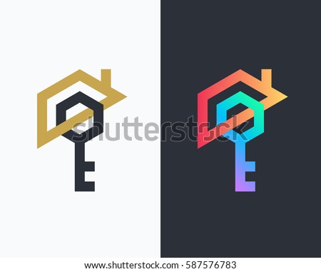 Geometrical house and key logo, icon. Clean design real estate security symbol. 