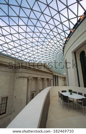 LONDON - AUGUST 12. The atrium of the British Museum in London on August 12, 2013. The Museum houses shows over 7 million objects related to human history & culture from around the world.