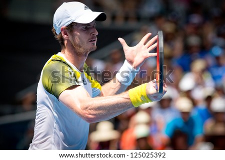 MELBOURNE - JANUARY 17: Andy Murray of Scotlandr in his second round win over Joao Sousa  of Portugal at the 2013 Australian Open on January 17, 2013 in Melbourne, Australia.