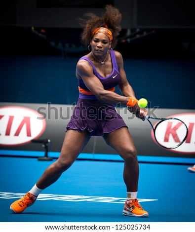 MELBOURNE - JANUARY 17: Serena Williams of the USA in her second round win over Garbine Muguruza of Spain at the 2013 Australian Open on January 17, 2013 in Melbourne, Australia.