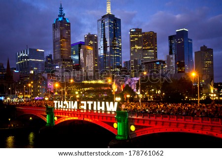 MELBOURNE, AUSTRALIA - FEBRUARY 22,2014: Melbourne\'s White Night attracted more than 500,000 visitors to the city centre and lit up its buildings as works of art