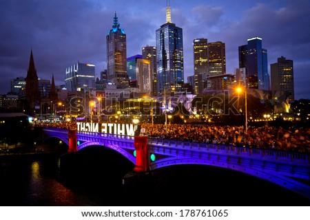 MELBOURNE, AUSTRALIA - FEBRUARY 22,2014: Melbourne\'s White Night attracted more than 500,000 visitors to the city centre and lit up its buildings as works of art
