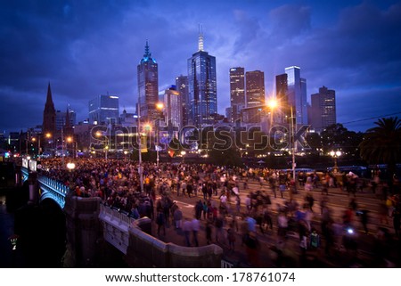MELBOURNE, AUSTRALIA - FEBRUARY 22,2014: Melbourne's White Night attracted more than 500,000 visitors to the city centre and lit up its buildings as works of art