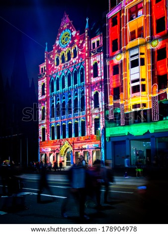 MELBOURNE - FEBRUARY 22: Melbourne\'s White Night attracted more than 500,000 visitors to the city centre and lit up its buildings as works of art - February 22, 2014 in Melbourne, Australia.