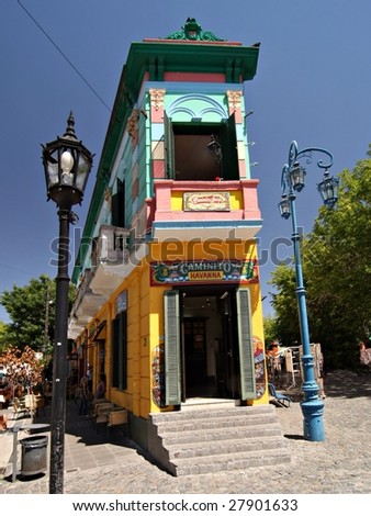 BUENOS AIRES - FEB 14:  The landmark corner of Caminito Street in La Boca is shown on February14, 2009 in Buenos Aires.  The street is a major tourist attraction & the area is filled with colorfully painted buildings.
