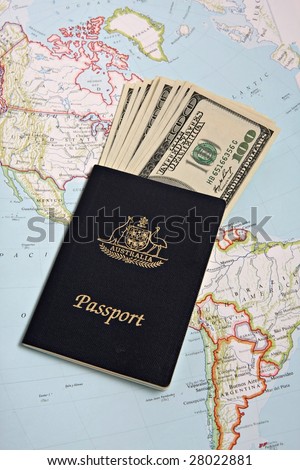 Australian passport and US banknotes with Map background