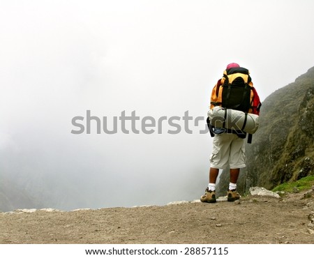 Trekker at Dead Woman\'s Pass on the Inca Trail to Machu Picchu in Peru