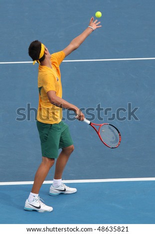MELBOURNE, AUSTRALIA - MARCH 7: Bernard Tomic of Australia in his win over Hsin-Han Lee of Chinese Taipei in their Davis Cup tie on March 7, 2010 in Melbourne, Australia