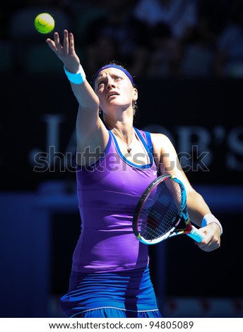 MELBOURNE - JANUARY 17: Petra Kvitova of the Czech Republic in her first round win over Vera Dushevina of Russia at the 2012 Australian Open on January 17, 2012 in Melbourne, Australia.