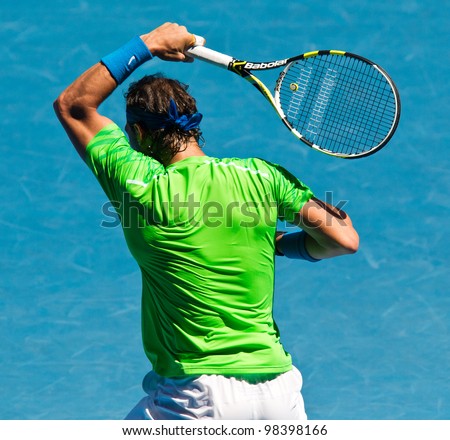 MELBOURNE - JANUARY 18: Rafael Nadal of SPain in his second round win over Tommy Haas of Germany at the 2012 Australian Open on January 18, 2012 in Melbourne, Australia.