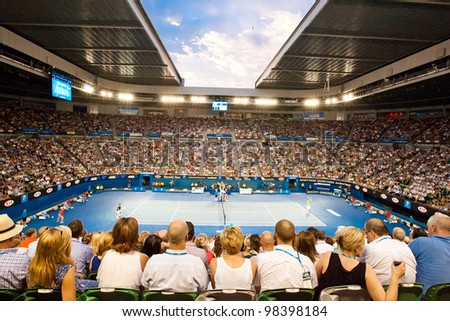 MELBOURNE - JANUARY 29: Rod Laver arena during the epic 2012 Australian Open final between Noval Djokavic of Serbia and Rafael Nadal of Spain on January 29, 2012 in Melbourne, Australia.