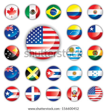 Glossy button flags - America and Oceania. 21 Vector icons. Original size of USA flag in down right corner. 