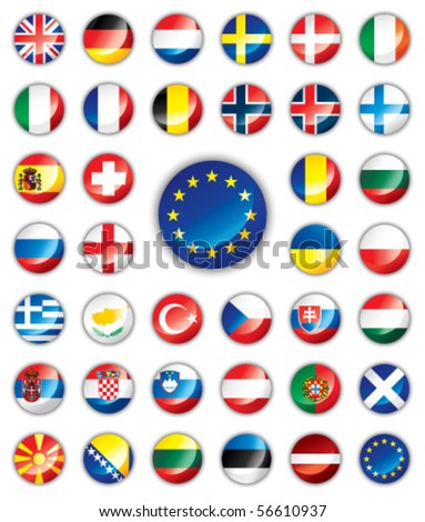 Glossy button flags - Europe. 38 Vector icons. Original size of EU flag in down right corner.