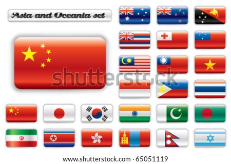 Extra glossy button flags. Big Asian & Oceania set. 24 Vector flags. Original size of China flag included.