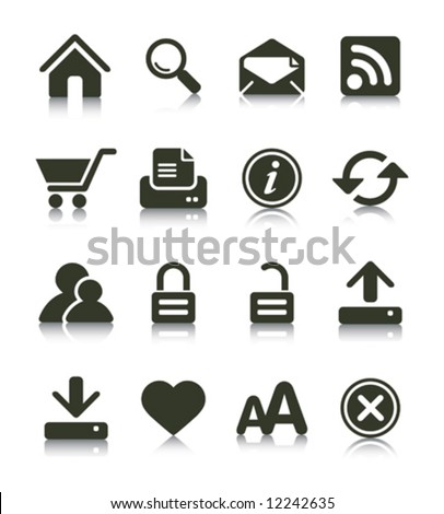 Internet Web icons with reflections. Black & white series