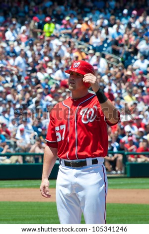 WASHINGTON - JUNE 16:  Outfielder Tyler Moore during the Washington Nationals- New York Yankees game, which the Yankees won after 14 innings of play, on June 16, 2012 in Washington, D.C.