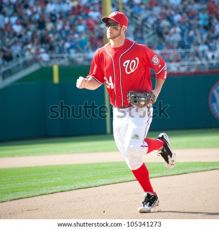 WASHINGTON - JUNE 16:  Washington phenom Bryce Harper during the Washington Nationals - New York Yankees game, which the Yankees won after 14 innings of play, on June 16, 2012 in Washington, D.C.