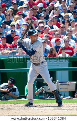 WASHINGTON - JUNE 16:  Yankee Derek Jeter at bat during the sold-out Washington Nationals - New York Yankees game, which the Yankees won after 14 innings of play, on June 16, 2012 in Washington, D.C.