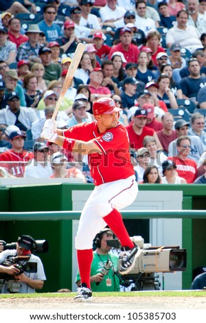 WASHINGTON - JUNE 16:  Ryan Zimmerman at bat during the hard-fought Washington Nationals Ã¢Â?Â? New York Yankees game, which the Yankees won after 14 innings of play, on June 16, 2012 in Washington, D.C.
