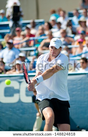 WASHINGTON - AUGUST  4, 2013:  John Isner (USA) falls to Juan Martin del Potro (ARG, not pictured) in the final round of the Citi Open tennis tournament on August 4, 2013 in Washington