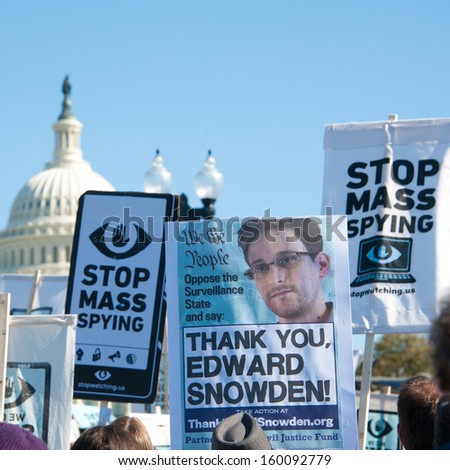 WASHINGTON - OCTOBER 26: Protesters rally against mass surveillance during an event organized by the group Stop Watching Us in Washington, DC on October 26, 2013.