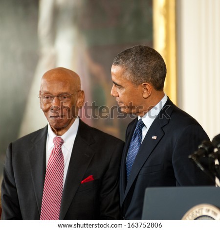 Washington -Â?Â? November 20: Baseball legend Ernie Banks waits to receive the Presidential Medal of Freedom at a ceremony at The White House on November 20, 2013 in Washington, DC.
