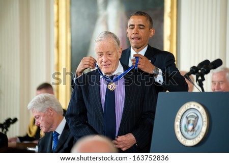 Washington Ã¢Â?Â? November 20: Ben Bradlee receives the Presidential Medal of Freedom from President Obama at a ceremony at The White House on November 20, 2013 in Washington, DC.