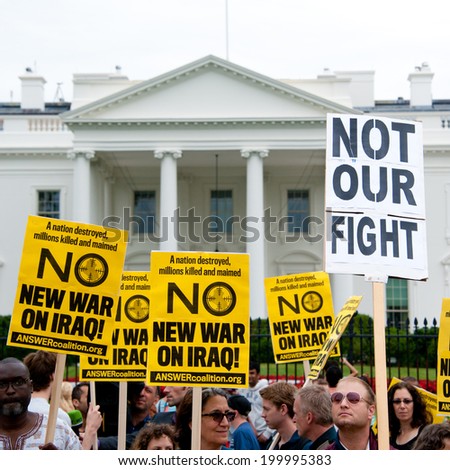WASHINGTON, DC - JUNE 21: Anti-war demonstrators protest in front of the White House in Washington, DC on June 21, 2014.