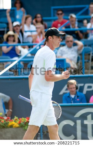 WASHINGTON - JULY 30: Sam Querrey (USA) celebrates a point during his losing match to Kei Nishikori (JPN, not pictured) at the Citi Open tennis tournament on July 30, 2014 in Washington DC