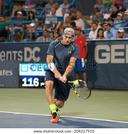 WASHINGTON -  JULY 30: Robby Ginepri (CZE) falls to top seed Tomas Berdych (CAN, not pictured) at the Citi Open tennis tournament on July 30, 2014 in Washington DC