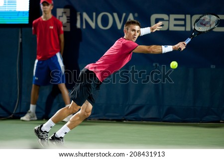 WASHINGTON - JULY 31: Tim Smyczek (USA) falls to Richard Gasquet  (FRA, not pictured) at the Citi Open tennis tournament on July 31, 2014 in Washington DC