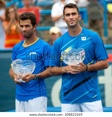 WASHINGTON  AUGUST 3: Jean-Julien Rojer (NED) and Horia Tecau (ROU) take the doubles final title at the Citi Open tennis tournament on August 3, 2014 in Washington DC