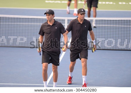 WASHINGTON - AUGUST 8: Bob and Mike Bryan (USA) defeat the doubles team of Bopanna and Mergea  (not pictured) in the semifinals at the Citi Open tennis tournament on August 8, 2015 in Washington DC