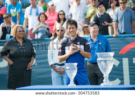WASHINGTON  AUGUST 9: Kei Nishikori (JPN) speaks after defeating John Isner (USA, not pictured) to take the mens title at the Citi Open tennis tournament on August 9, 2015 in Washington DC
