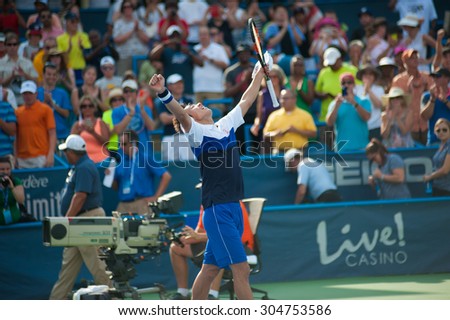 WASHINGTON  AUGUST 9: Kei Nishikori (JPN) after defeating John Isner (USA, not pictured) to take the mens title at the Citi Open tennis tournament on August 9, 2015 in Washington DC