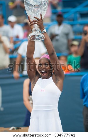 WASHINGTON AUGUST 9: Sloane Stephens (USA) holds her trophy after taking the  womens title of the Citi Open tennis tournament on August 9, 2015 in Washington DC