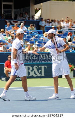 WASHINGTON - AUGUST 8: Mardy Fish (USA) and Mark Knowles (BAH) beat Tomas Berdych and Radek Steppanek (CZE) to take the doubles crown at the Legg Mason Tennis Classic on August 8, 2010 in Washington.