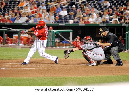 AUGUST 14: Willie Harris of the Washington Nationals swings at a pitch in the Nationals\' home game against the Arizona Diamondbacks on August 14, 2010 in Washington.